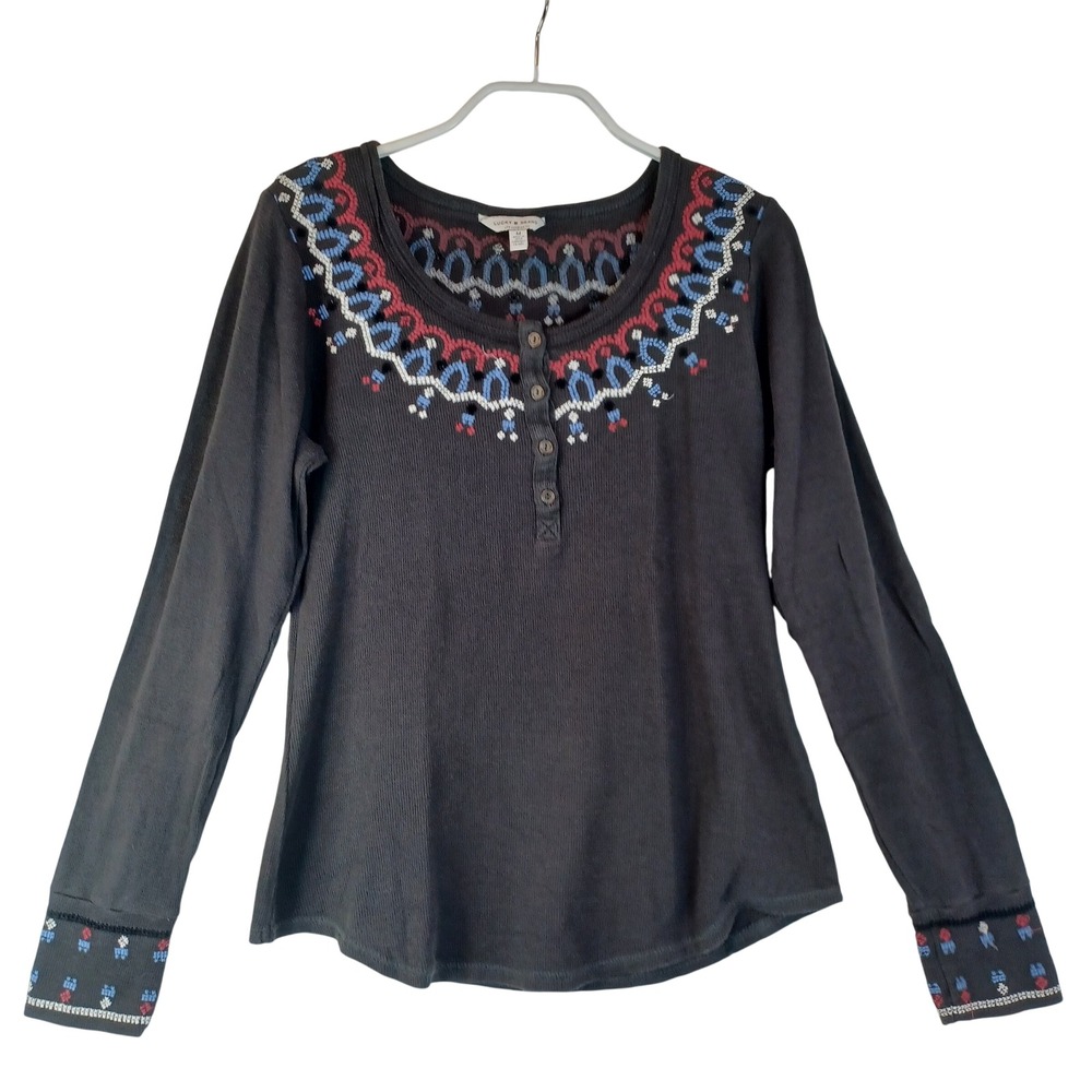 Lucky Brand Womens Charcoal Gray Embroidered Henley Thermal Waffle Knit Top M